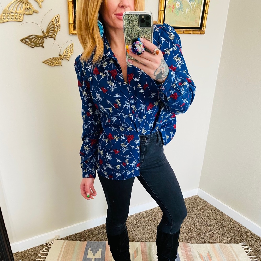 Vintage Pykettes Blue Floral Button Up Top